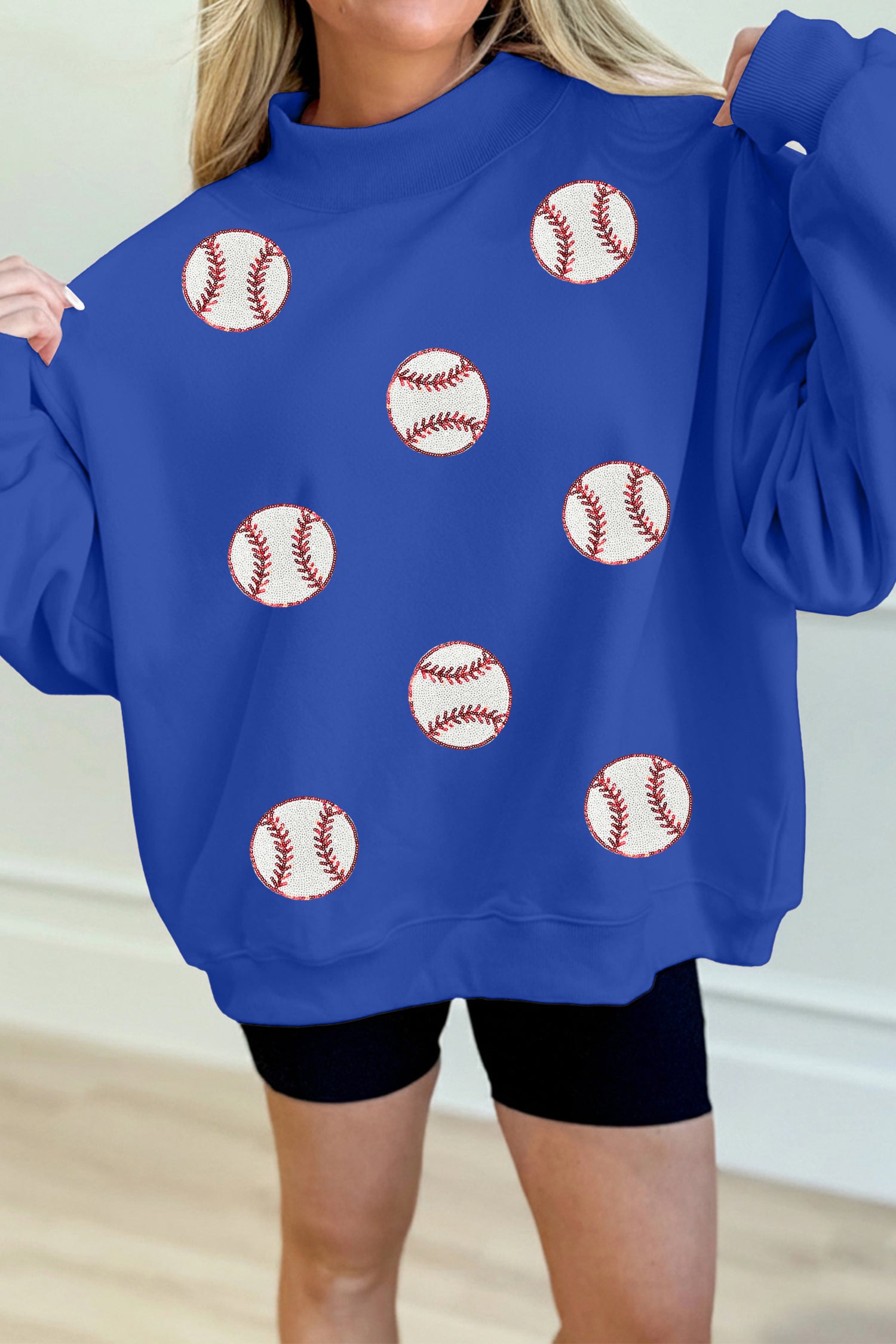 Dark Blue Sequin Baseball Patched Game Day Mock Neck Sweatshirt